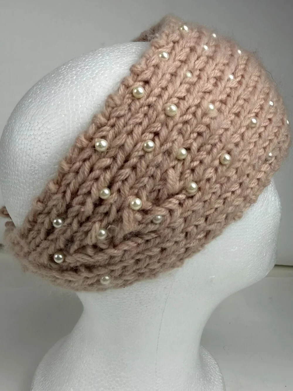 Handmade Knit Pearl Headband Blush Pink Winter Ear Warmer Button Closure